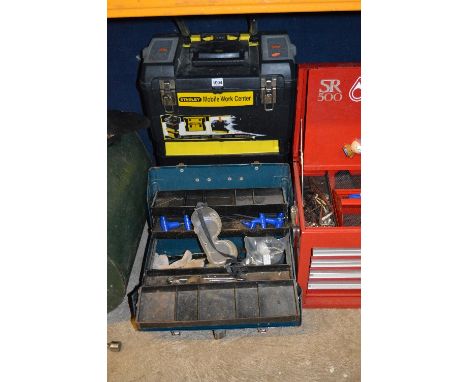 A STANLEY MOBILE WORK CENTRE, with contents and a steel cantilever toolbox containing a Balico adjustable spanner, spanners, 
