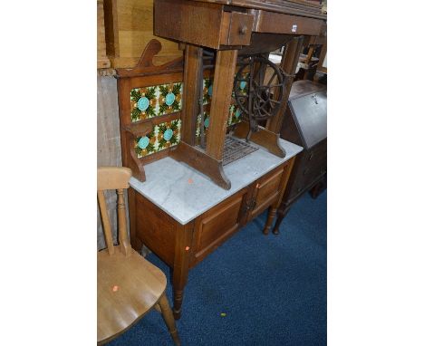 AN EDWARDIAN SATINWOOD MARBLE TOP WASHSTAND, with tile back