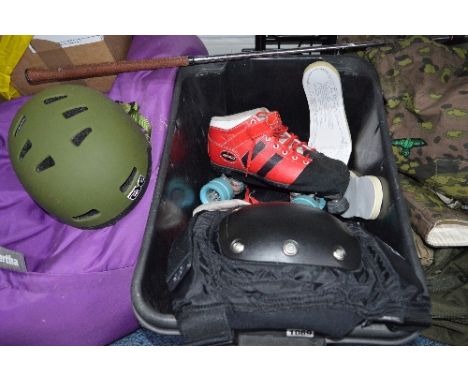 A BOX CONTAINING A RIDE TSG HELMET, a pair of Diablo roller skates (size 11), a pair of knee pads, a pair of elbow pads and a