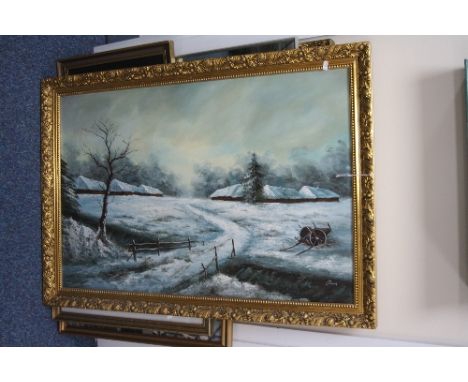 PICTURES AND PRINTS, a large oil on canvas winter scene, indistinctly signed, 60cm x 91cm, together with a reproduction mirro