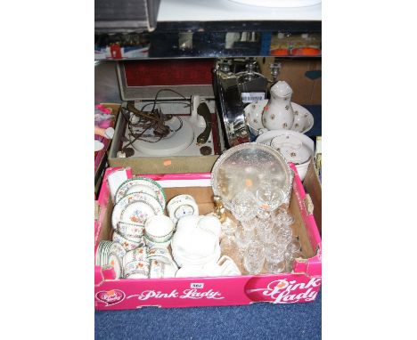 A BOX AND LOOSE CERAMICS, GLASS, PLATED CAKE STAND, FIDELITY RECORD PLAYER (af), etc, to include Spode 'Chinese Rose' teaware