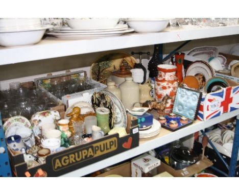 FOUR BOXES AND LOOSE CERAMICS, GLASS, STONEWARE WATER BOTTLES, etc, to include Prattware pot lid, etc