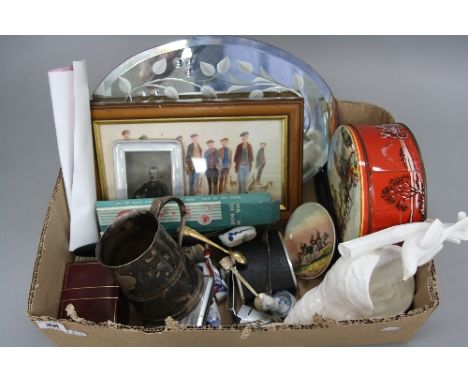 A BOX OF MISCELLANEOUS, including plate, print, etc