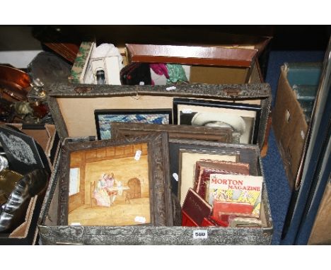TWO SUITCASES OF FANS, BOOKS, TILE TOPPED STAND WITH BELL, CUTLERY, ETC. (two cases)