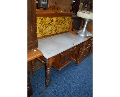 A SATINWOOD MARBLE TOPPED, washstand with tile back