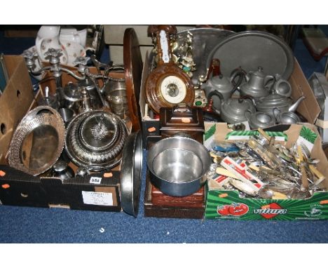 THREE BOXES OF SILVER PLATE, PEWTER, CUTLERY AND FLATWARE, ETC, including mantel clock, barometer, dressing table set 