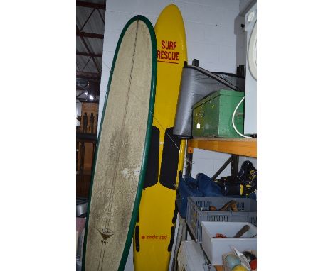 A CIRCLE ONE LIFE SAVING SURF BOARD, approximate length 10' 7', epoxy made with 8' fin, Badged Code R Surf Rescue with bag