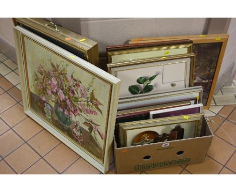 PAINTINGS AND PRINTS, to include late 20th Century oil paintings, prints, firescreen, etc (box and four loose)