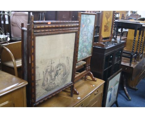 SEVEN VARIOUS FIRESCREENS, five with needlework detail, an embroidery frame, card table, etc (sd) (10)