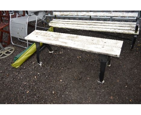 A CAST IRON PARK BENCH, with painted slatted top, approximate size width 150cm