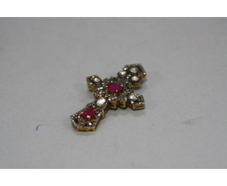 A MODERN GLASS FILLED RUBY AND DIAMOND ORNATE CROSS PENDANT, measuring approximately 50mm x 31mm, approximate total diamond w