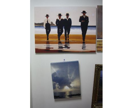 AFTER JACK VETTRIANO, two prints on canvas'The Billy Boy' and 'The Singing Butler', together with another print and three pho