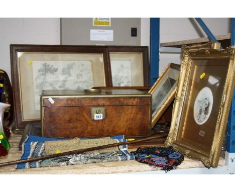 A GROUP OF SUNDRIES, to include writing slope (missing interior), gilt framed pictures, butterfly wing tray, beaded items, sa