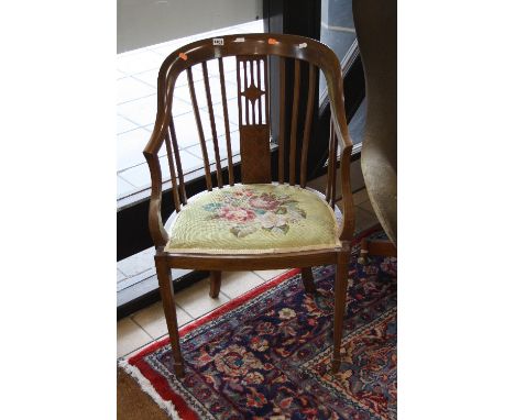 AN EDWARDIAN INLAID MAHOGANY ARMCHAIR, with tapestry seat