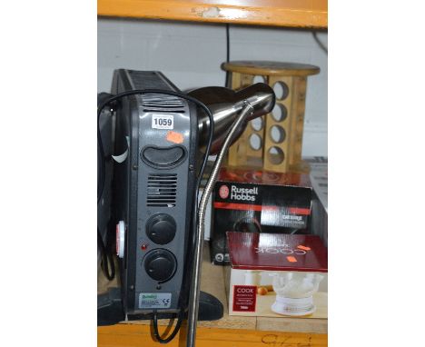 A DUNELM RADIATOR, a chromed standard lamp, spice rack, a boxed Russell Hobbs hand held mixer, boxed scales and a boxed omele