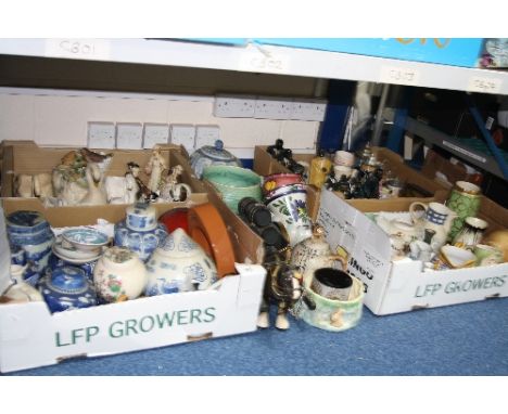 FOUR BOXES OF ORNAMENTS, VASES, TANKARDS, etc, including Studio pottery, Oriental, Sylvac, etc (four boxes and loose)