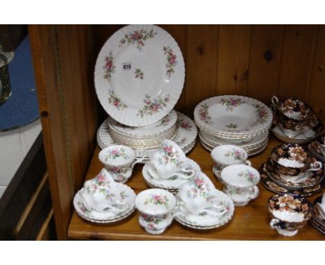 ROYAL ALBERT 'MOSS ROSE' PART TEAWARES, to include seven cups, six saucers and one soup bowl (all with brown/green backstamp)