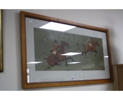 AFTER DOROTHY HARDY, Two huntsmen clearing a brook, green ground colour print, published by Lawrence & Jellicoe, 27.5cm x 68.