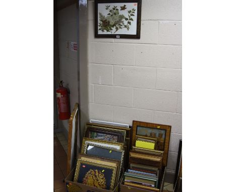 PAINTINGS, PRINTS AND NEEDLEWORK PICTURES, including a Victorian painting of glass, 20th Century tapestry pictures, inlaid wo