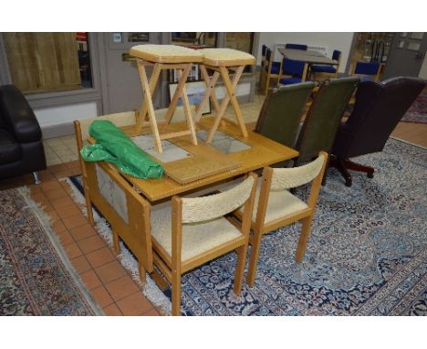 A MODERN OAK DROP LEAF TABLE, with tile centre, four chairs and two folding stools (7)