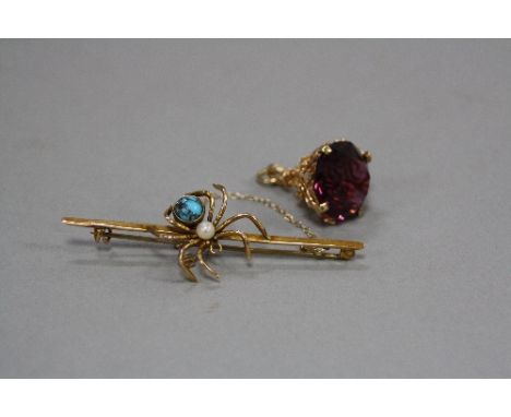 TWO ITEMS OF JEWELLERY, to include an early to mid 20th Century turquoise and seed pearl spider bar brooch, measuring approxi