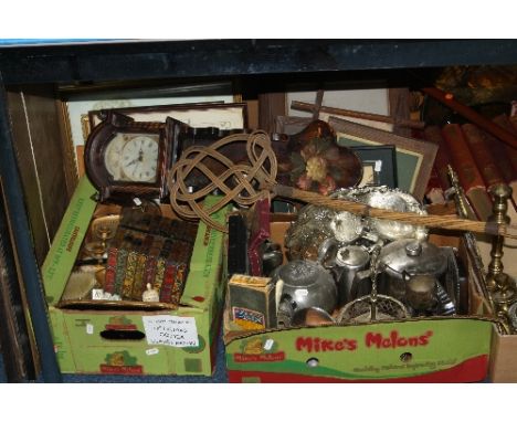 A QUANTITY OF ASSORTED PAINTINGS AND PRINTS, wicker carpet beater, Huntley & Palmer's biscuit tin in the form of bound books 