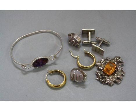 A MIXED LOT OF SILVER JEWELLERY, etc, including bracelet, earrings, cufflinks etc