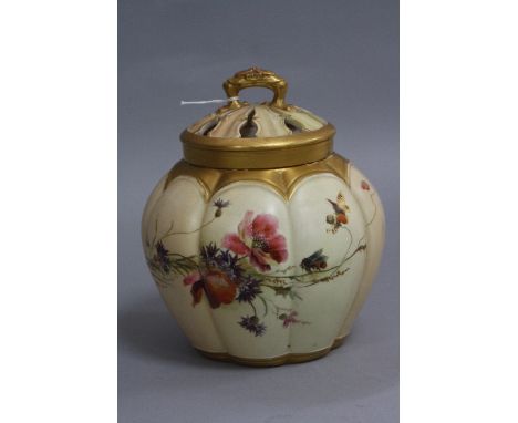 A ROYAL WORCESTER BLUSH IVORY POT POURRI AND COVER, No.1313, floral and insects decorated, Rd.No.112588, height approximately