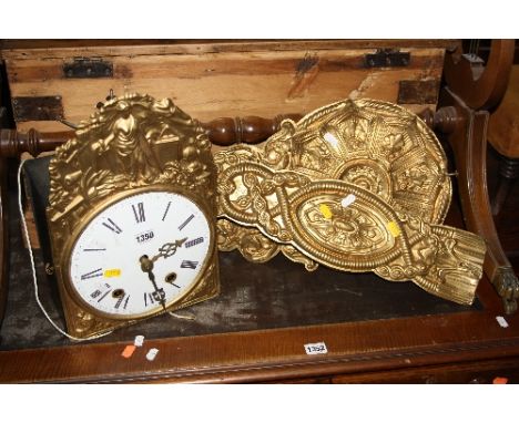 A FRENCH GILT WALL CLOCK, enamel face (pendulum and two weights)