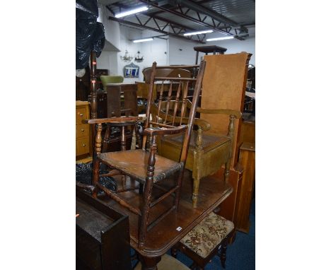A 19TH CENTURY AND LATER OAK SPINDLE BACK ARMCHAIR, and a commode armchair (2)