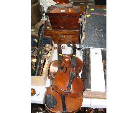 A MAHOGANY TEA CADDY, (missing some interior), a work box (af) and a violin (af) and another, smaller (af) (4)