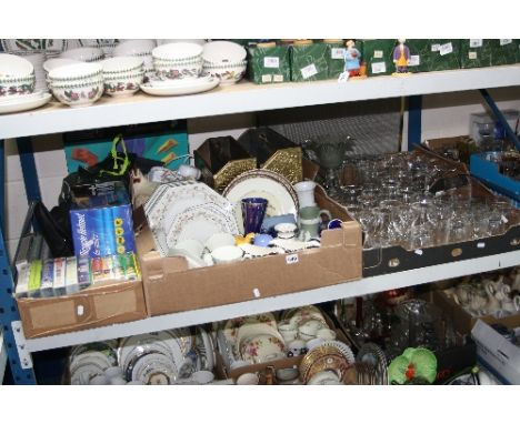 FIVE BOXES OF CERAMICS, GLASSWARE AND SUNDRIES, including fireguard, drinking glasses, Eternal Beau dinnerwares, etc
