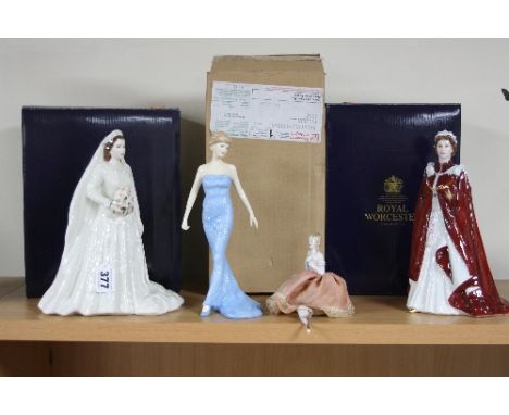 FOUR VARIOUS FIGURES/PIN DOLLY, to include boxed Royal Worcester 'HM Queen Elizabeth II and HRH The Duke of Edinburgh, Diamon