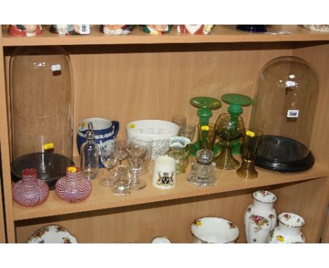A GROUP GLASSWARES, CERAMICS ETC, to include two glass domes and stands, (one a.f) vaseline glass, ruby overlay vases, W.H.Go
