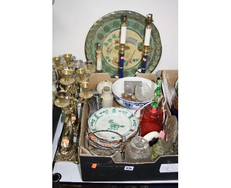 A BOX OF CERAMICS, GLASSWARE AND METALWARE, brass dolphin candelabra, a pair of candlestick table lamps, etc (1 box and loose