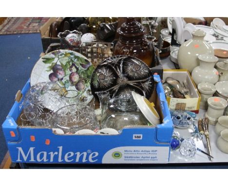 THREE BOXES OF GLASSWARE, CERAMICS, plated flatware, ceramic frog, letter openers, etc