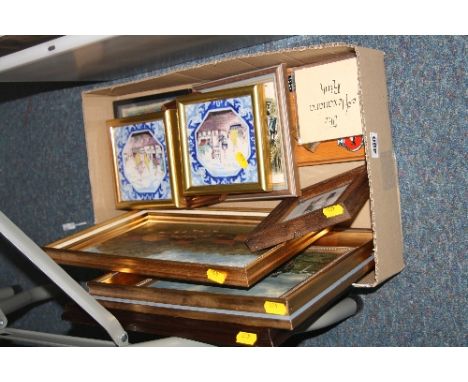 PAINTINGS AND TILES, etc, box of paintings, framed tiles (some restored) pencil sketch, etc, includes a reproduction oil on p