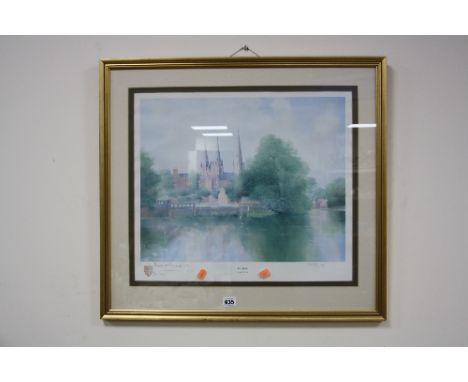 PRINT OF LICHFIELD CATHEDRAL BY K.B.HANCOCK, signed in pencil by artist, Dean, etc, framed and glazed