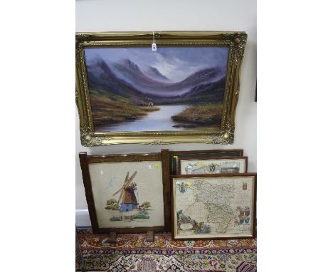 J. F. SIM (20TH CENTURY BRITISH) Two Highland Cattle at the edge of a loch with heather covered mountains, oil on canvas, sig