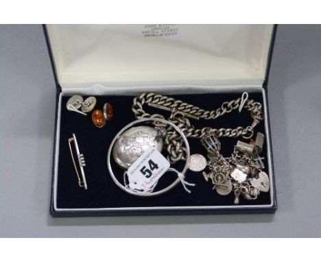 A MIXED LOT OF VARIOUS SILVER ITEMS, including charms, locket, T bar chain, bangle, cufflinks and bar brooch (6)