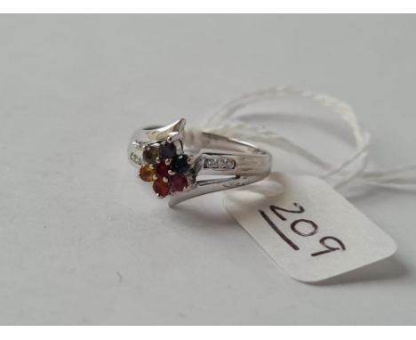 A diamond &amp; multi coloured stones ring in 14ct white gold - size K - 2.8gms