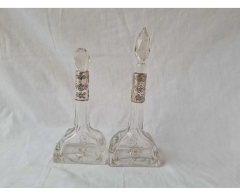 A pair flask shaped decanters with etched glass body's 6 1/2 inches high London 1911 AF 