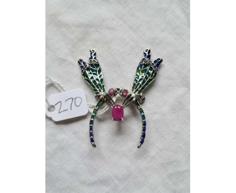 A silver plique de jour marcasite &amp; ruby set double dragonfly brooch
