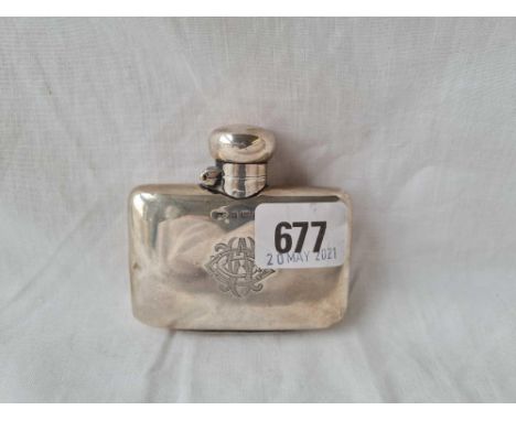 A small hip flask of curved outline with bennet cover 3 inches wide B'ham 1900 80 gms 