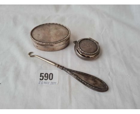 A oval jar with hinged cover B'ham 1913 a circular example plus button hook 