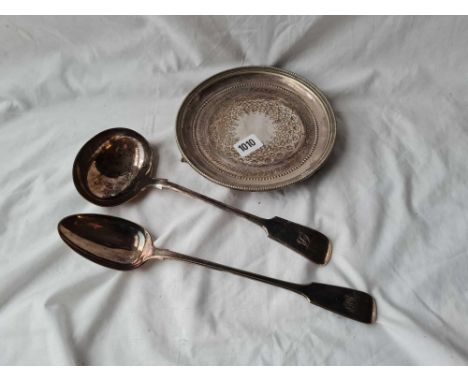 A Victorian salver 7 inches dia a soup ladle and basting spoon 
