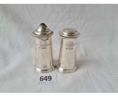 A pair of light house shaped cruets for salt and pepper 3 inches high Sheffield 1939 124 gms 