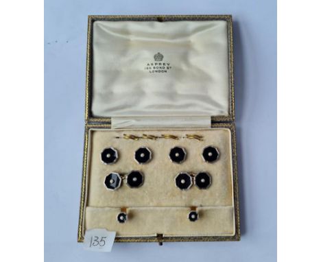 ASPREYS -BOXED SET OF VINTAGE CUFFLINKS &amp; STUDS MOUNTED IN W18ct white gold