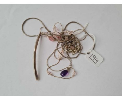 Three silver necklaces &amp; amethyst &amp; pink beads 