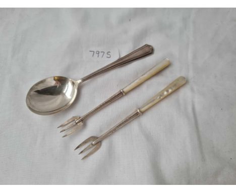 A pair mop handled pickle forks and a jam spoon 
